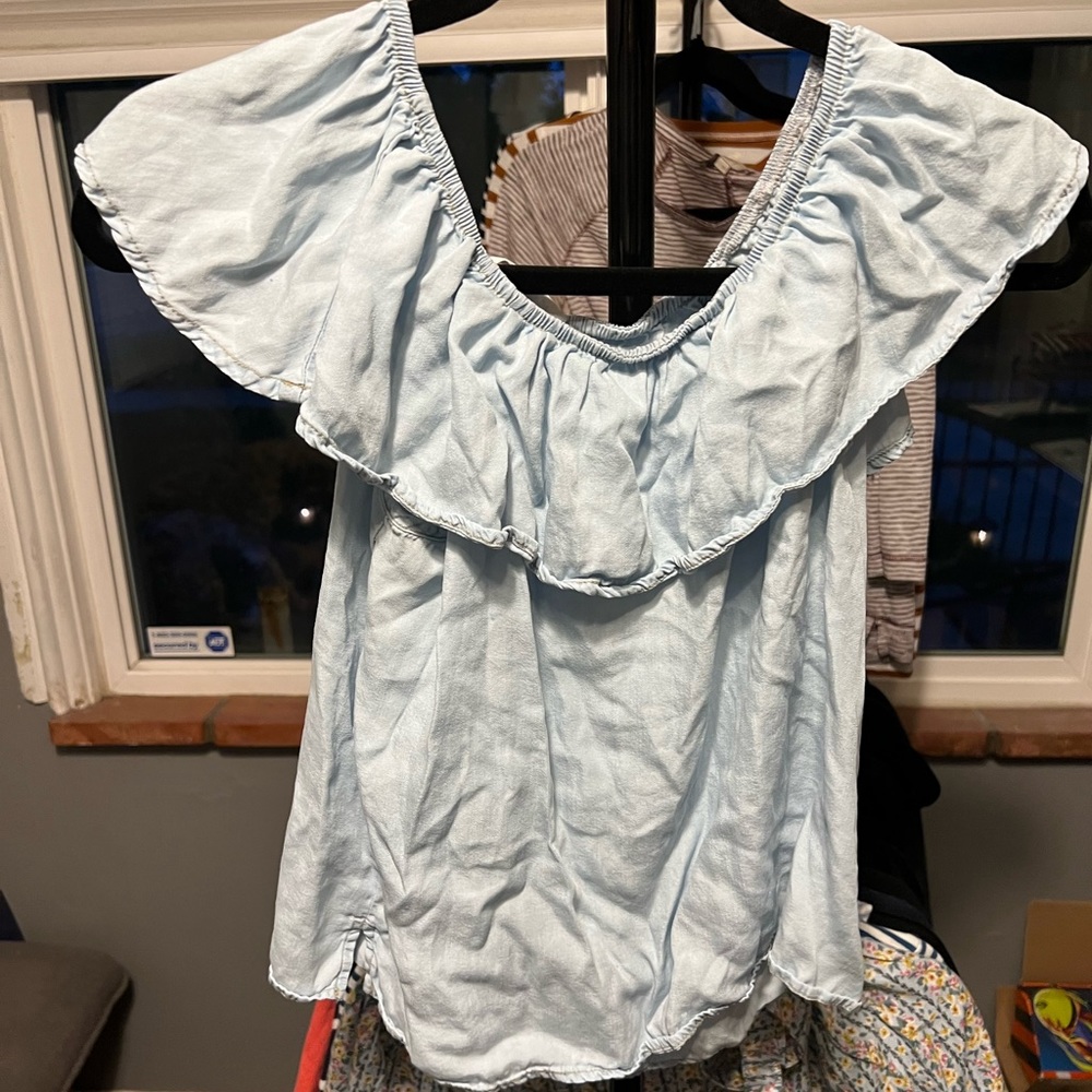 GLAM off the shoulder pho Jean shirt - size unknown